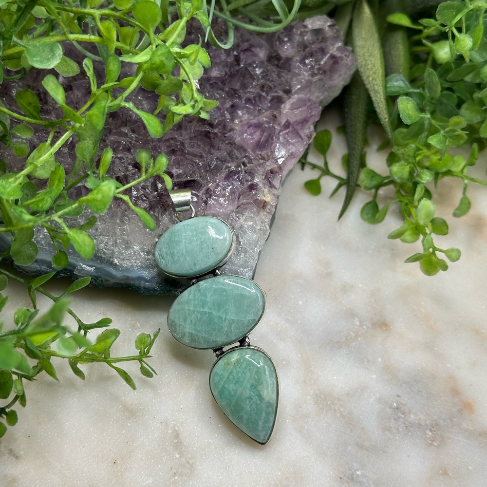Amazonite Gemstone Blue 925 Sterling Silver Large Pendant Three Stones - Picture 1 of 8